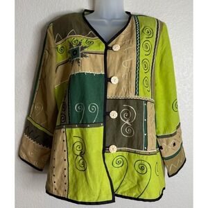 Indigo Moon Womens Medium Jacket Green Patchwork Embroidered Art to Wear Boho